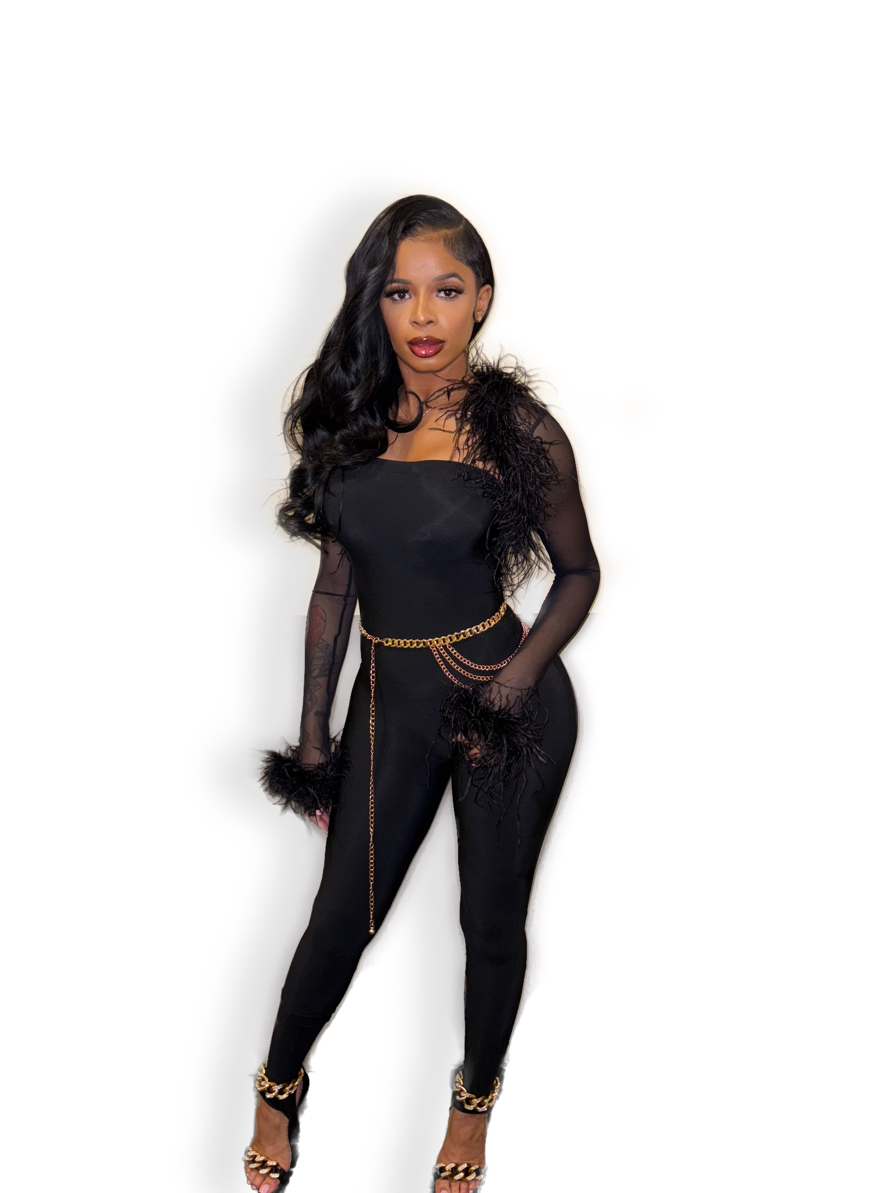 Black Jumpsuit & Ostrich Bolero