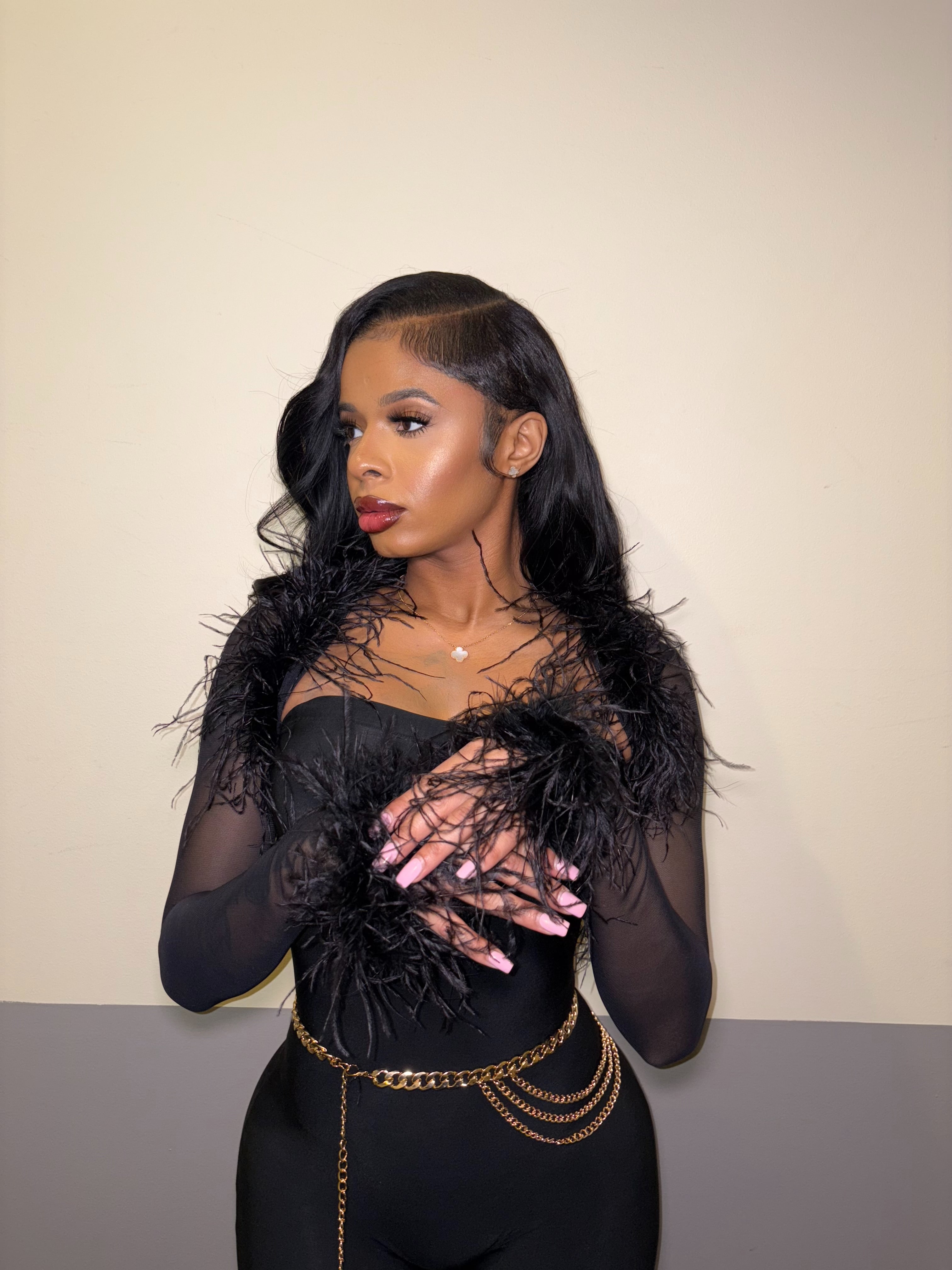 Black Jumpsuit & Ostrich Bolero