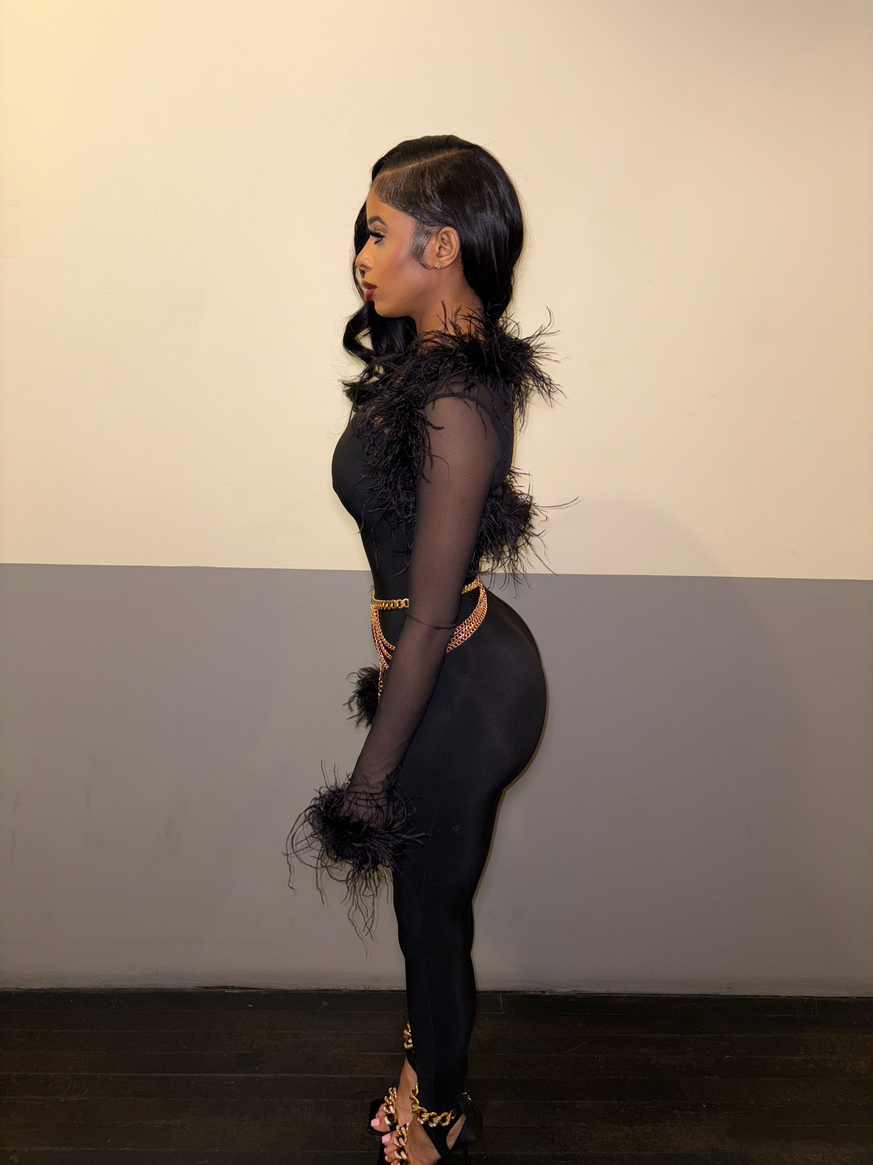 Black Jumpsuit & Ostrich Bolero